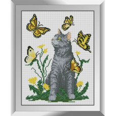 31629 Кіт з метеликами. Dream Art. Набір алмазної мозаїки (квадратні, повна)